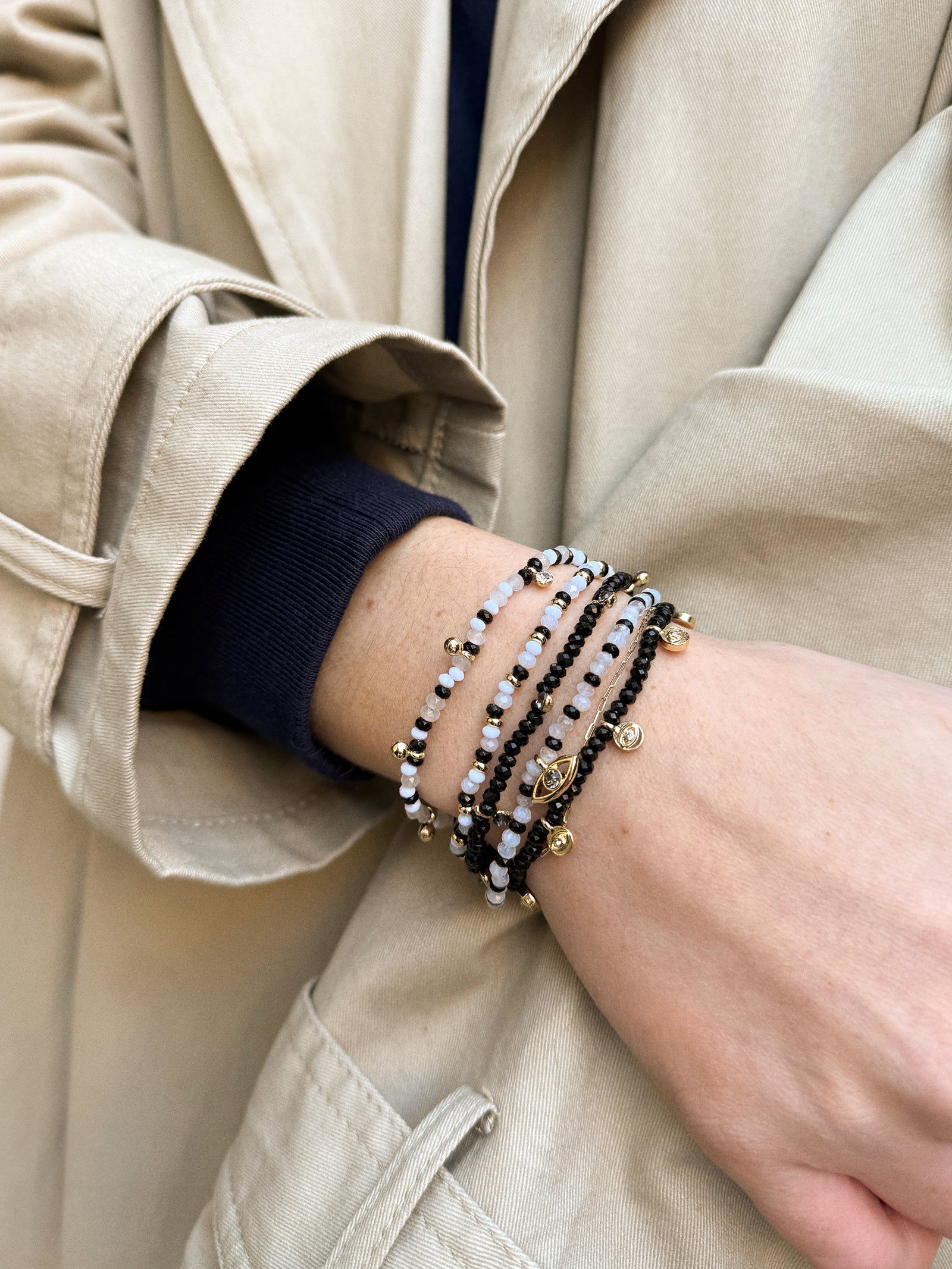 Indya Evil Eye Layered Bracelet Set - Black/White