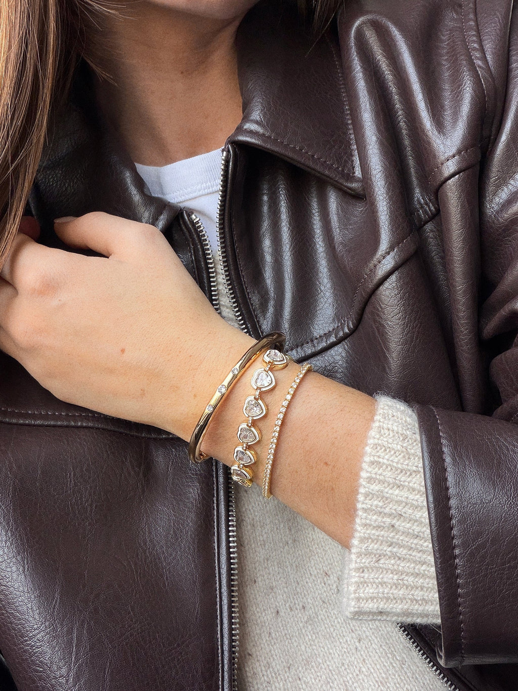 Repeating Heart Crystal Bracelet - Gold/Pavé