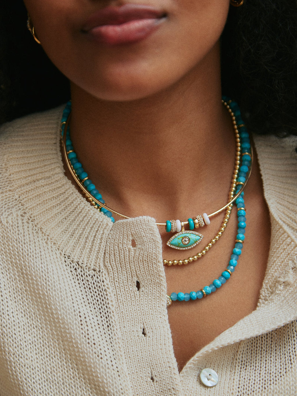 Evil Eye Collar Necklace - Gold/Blue