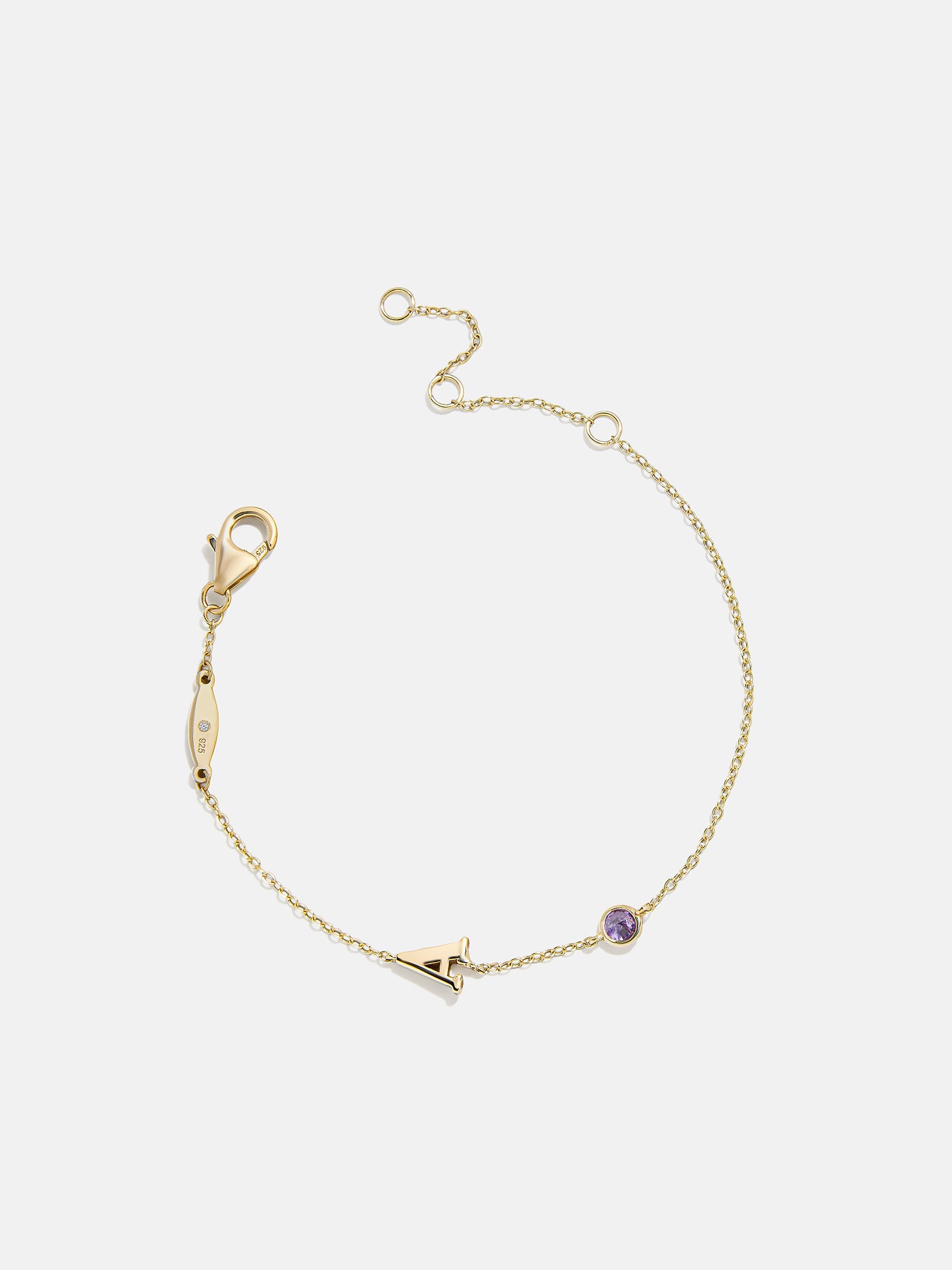 14K Gold Initial Birthstone Custom Bracelet - Light Amethyst
