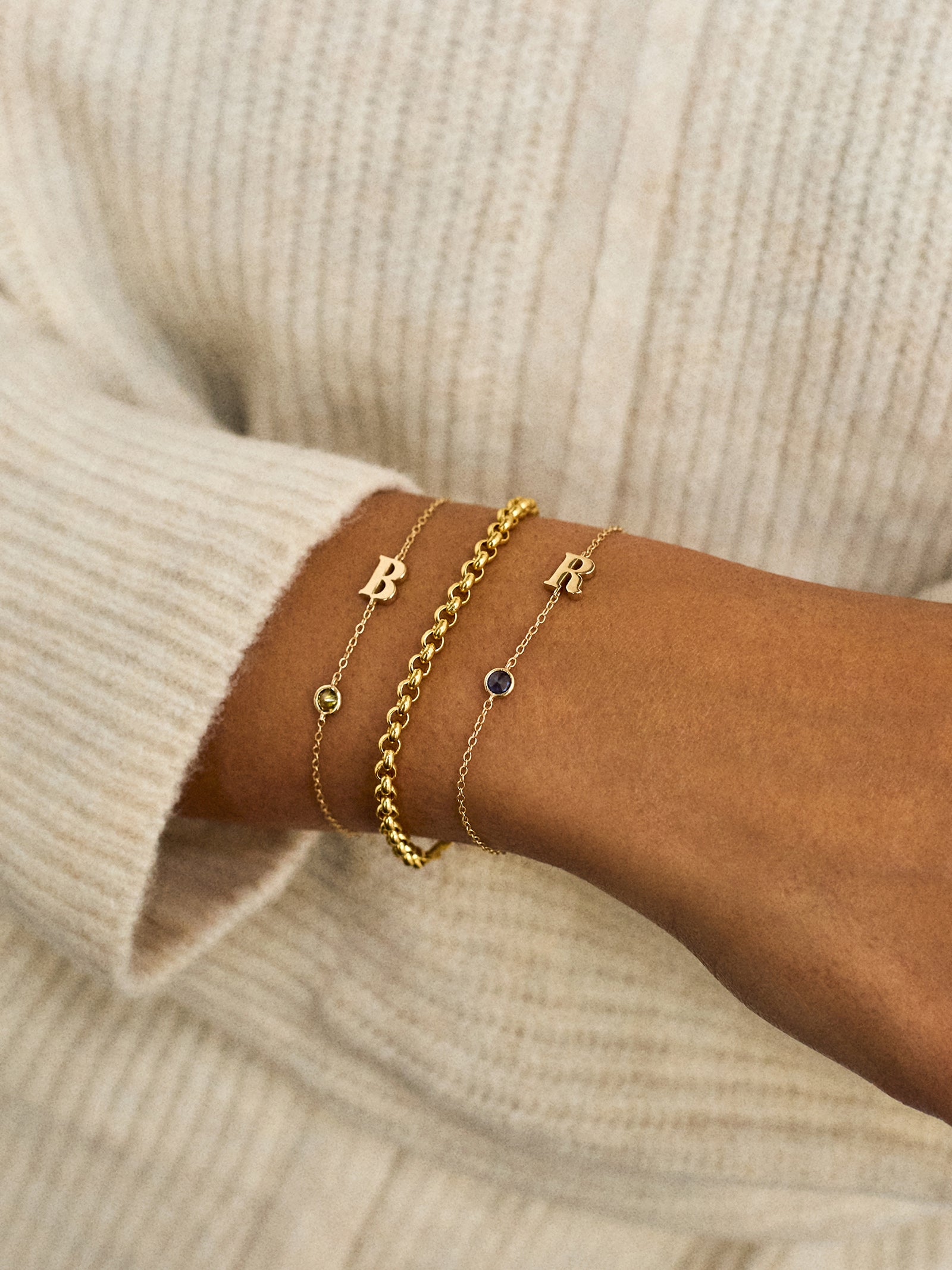 14K Gold Initial Birthstone Custom Bracelet - Sapphire