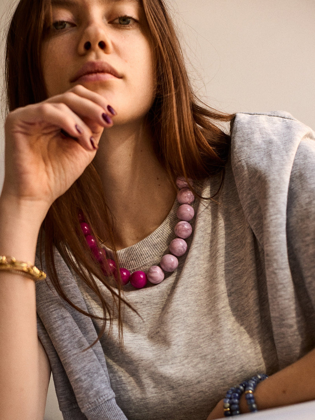 Jane Beaded Necklace - Dark Pink Quartz/Smoky Rose Quartz