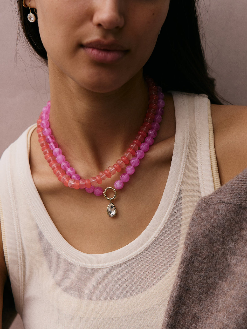 Janette Beaded Ring Necklace - Fuchsia Agate Bead