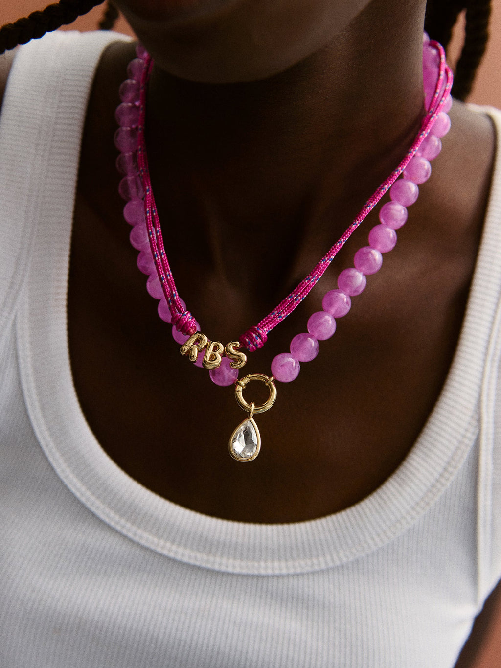 Janette Beaded Ring Necklace - Fuchsia Agate Bead
