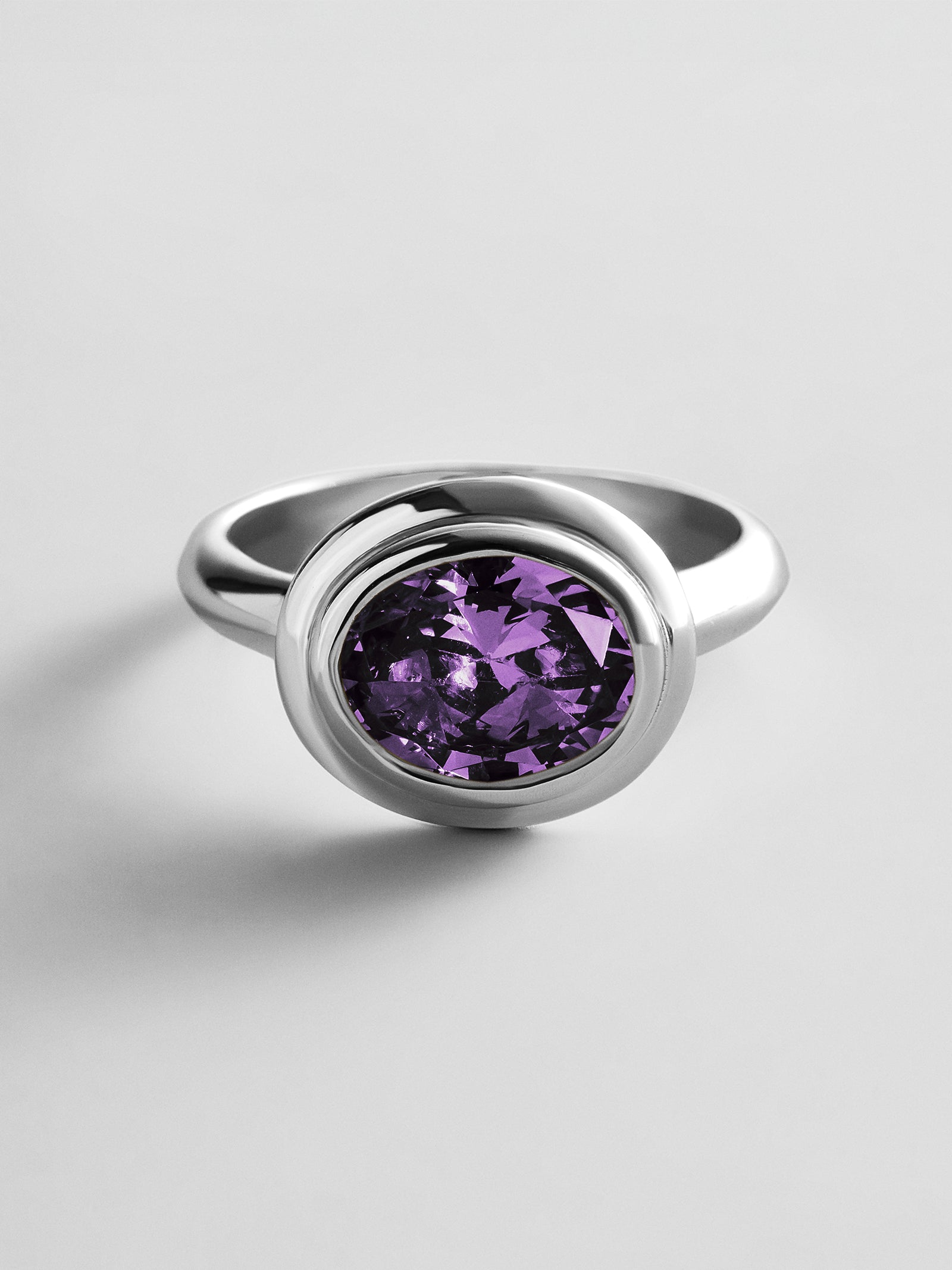 Silver Etched Bezel Custom Birthstone Ring - Amethyst