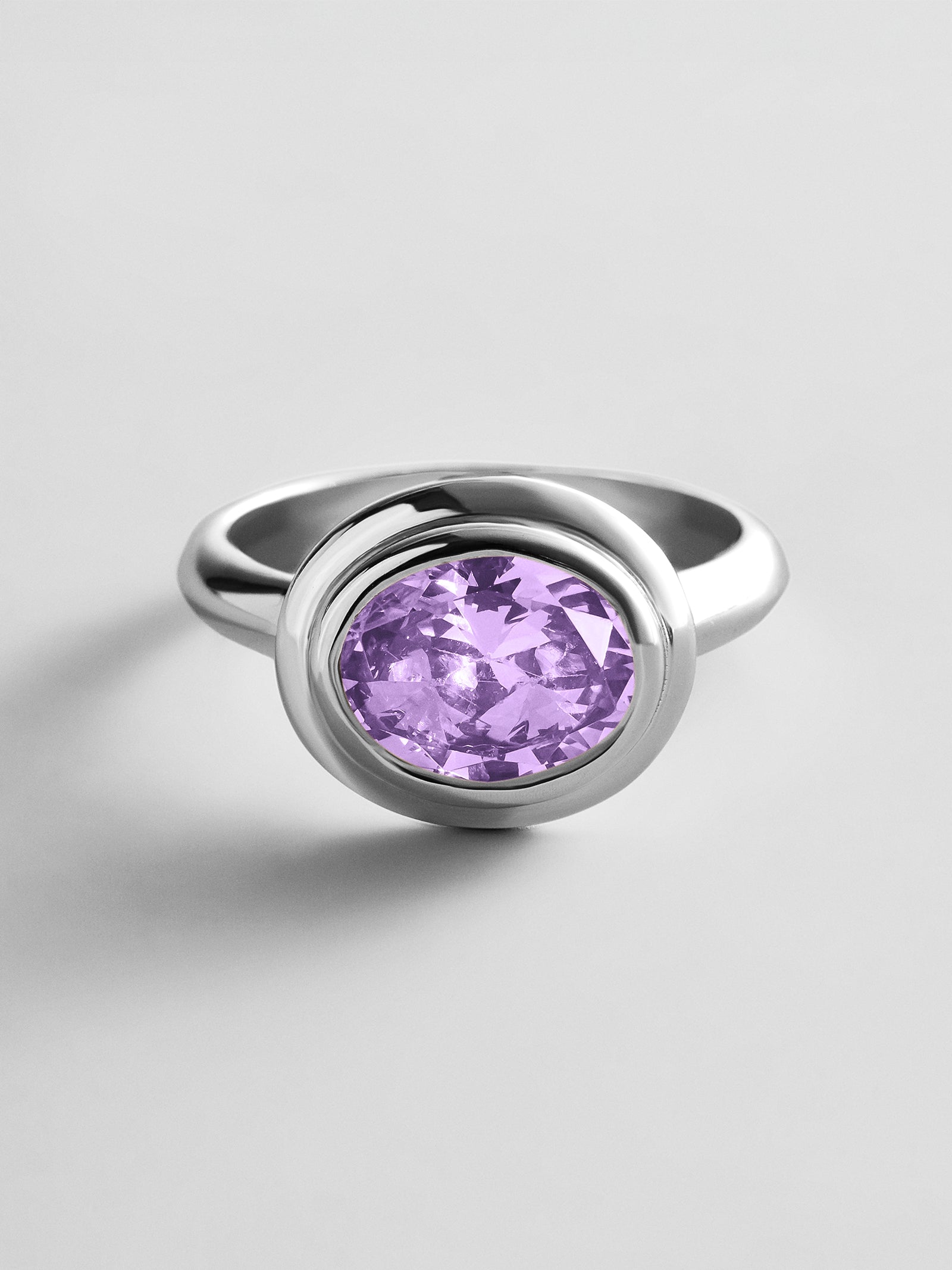 Silver Etched Bezel Custom Birthstone Ring - Light Amethyst