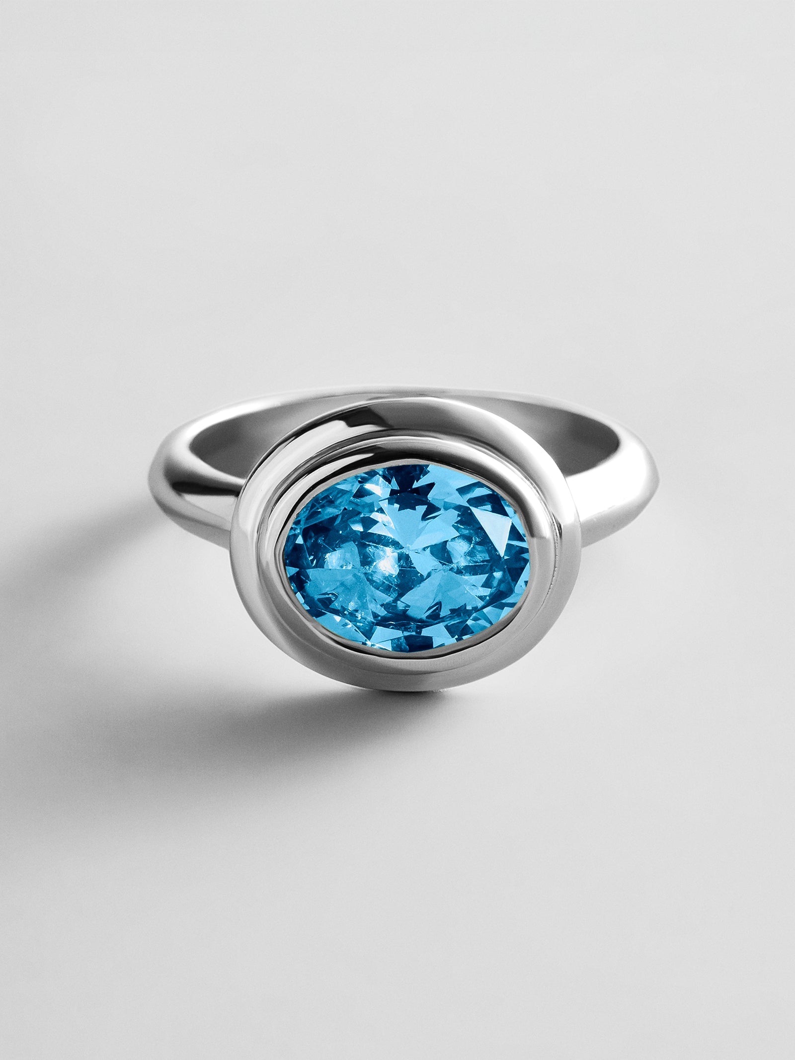 Silver Etched Bezel Custom Birthstone Ring - Blue Zircon