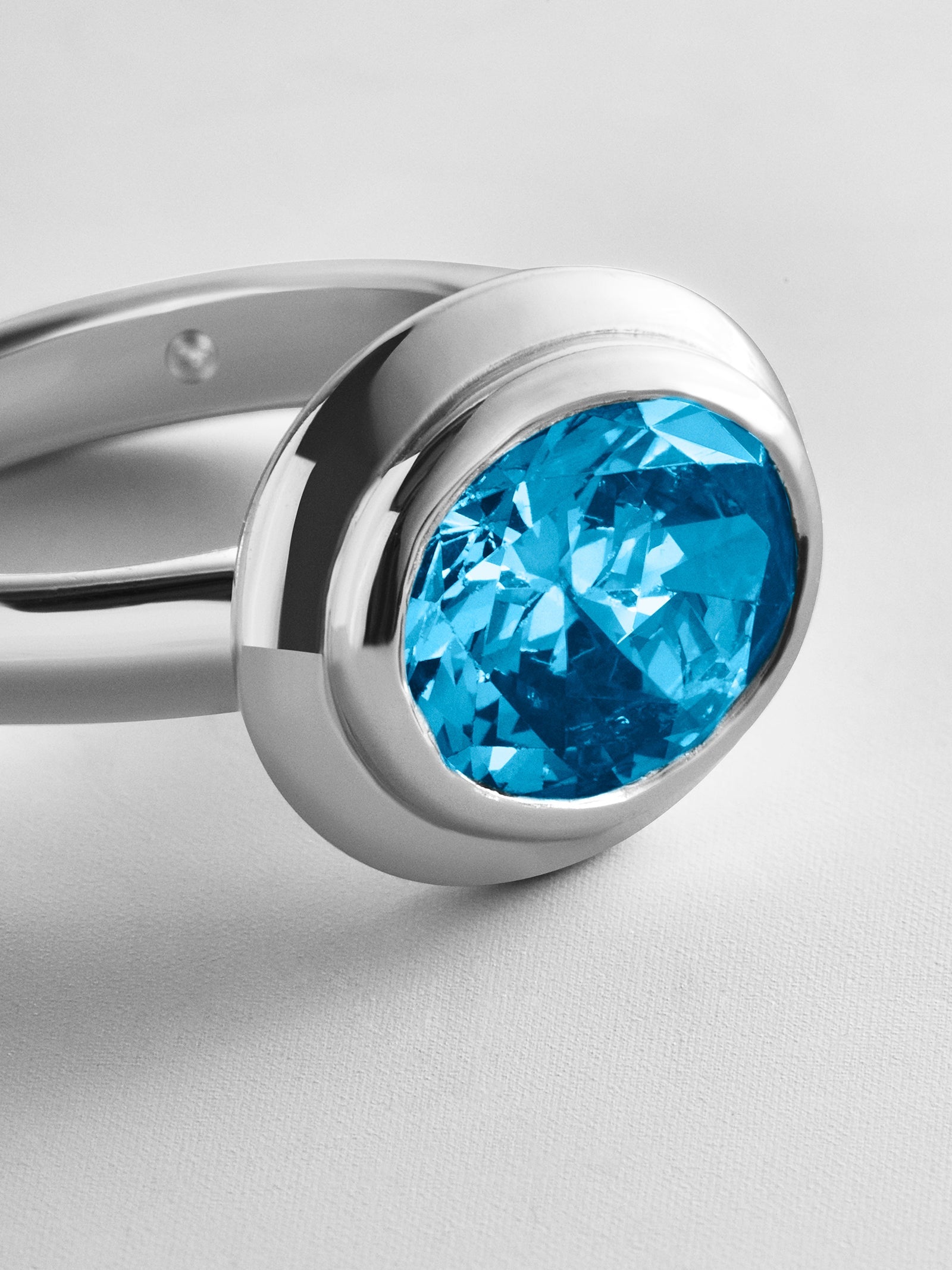 Silver Etched Bezel Custom Birthstone Ring - Blue Zircon