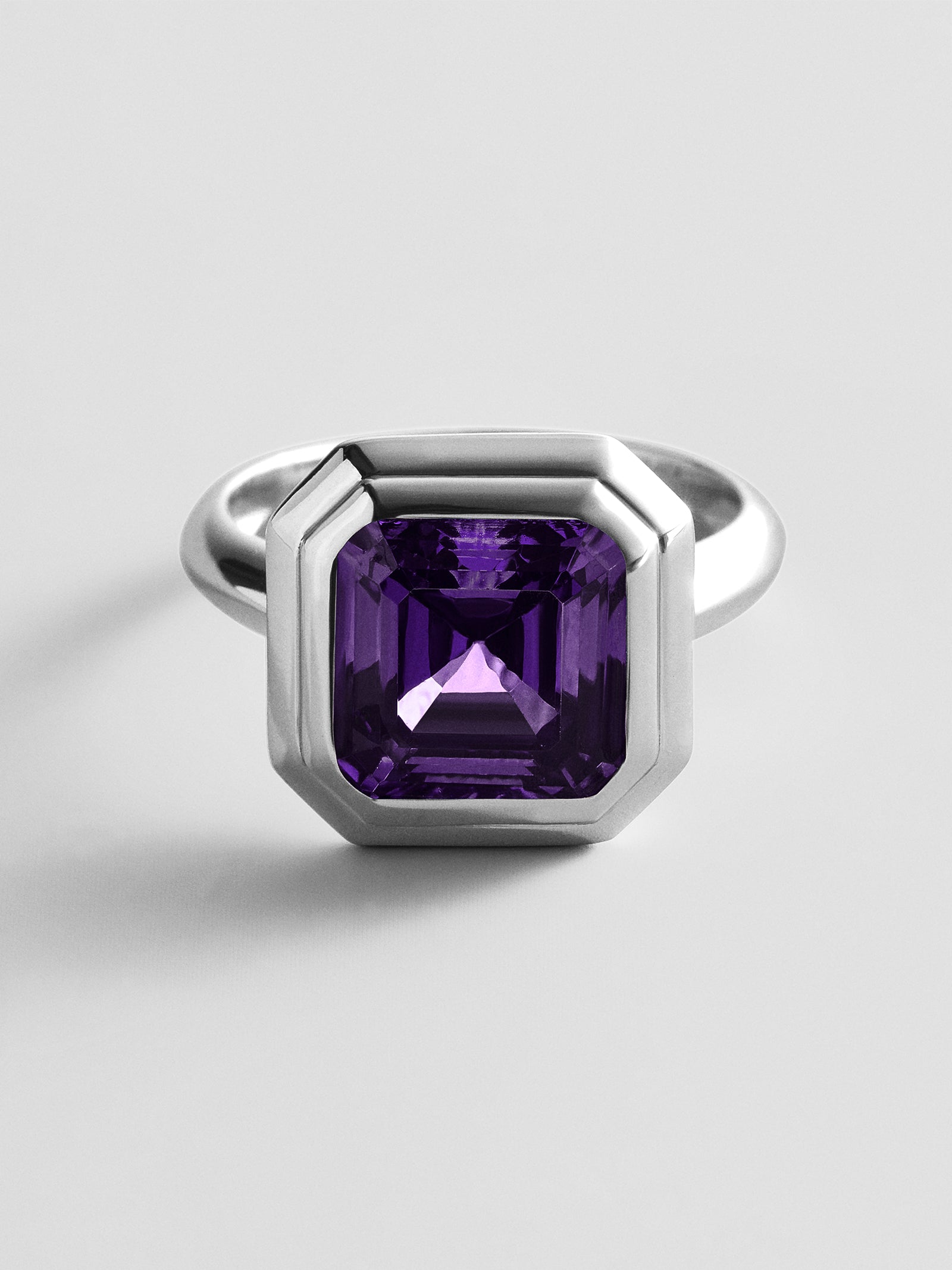 Silver Etched Bezel Custom Birthstone Ring - Amethyst