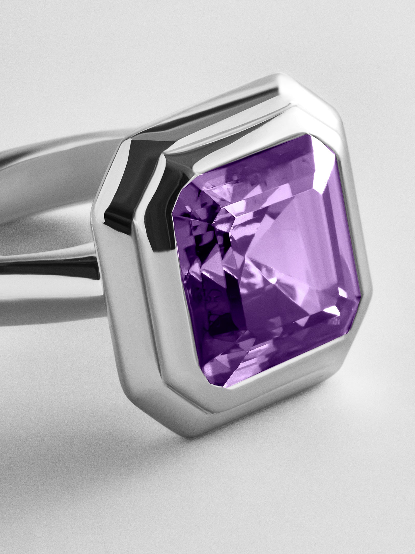 Silver Etched Bezel Custom Birthstone Ring - Light Amethyst