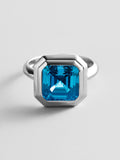 Silver Etched Bezel Custom Birthstone Ring - Blue Zircon