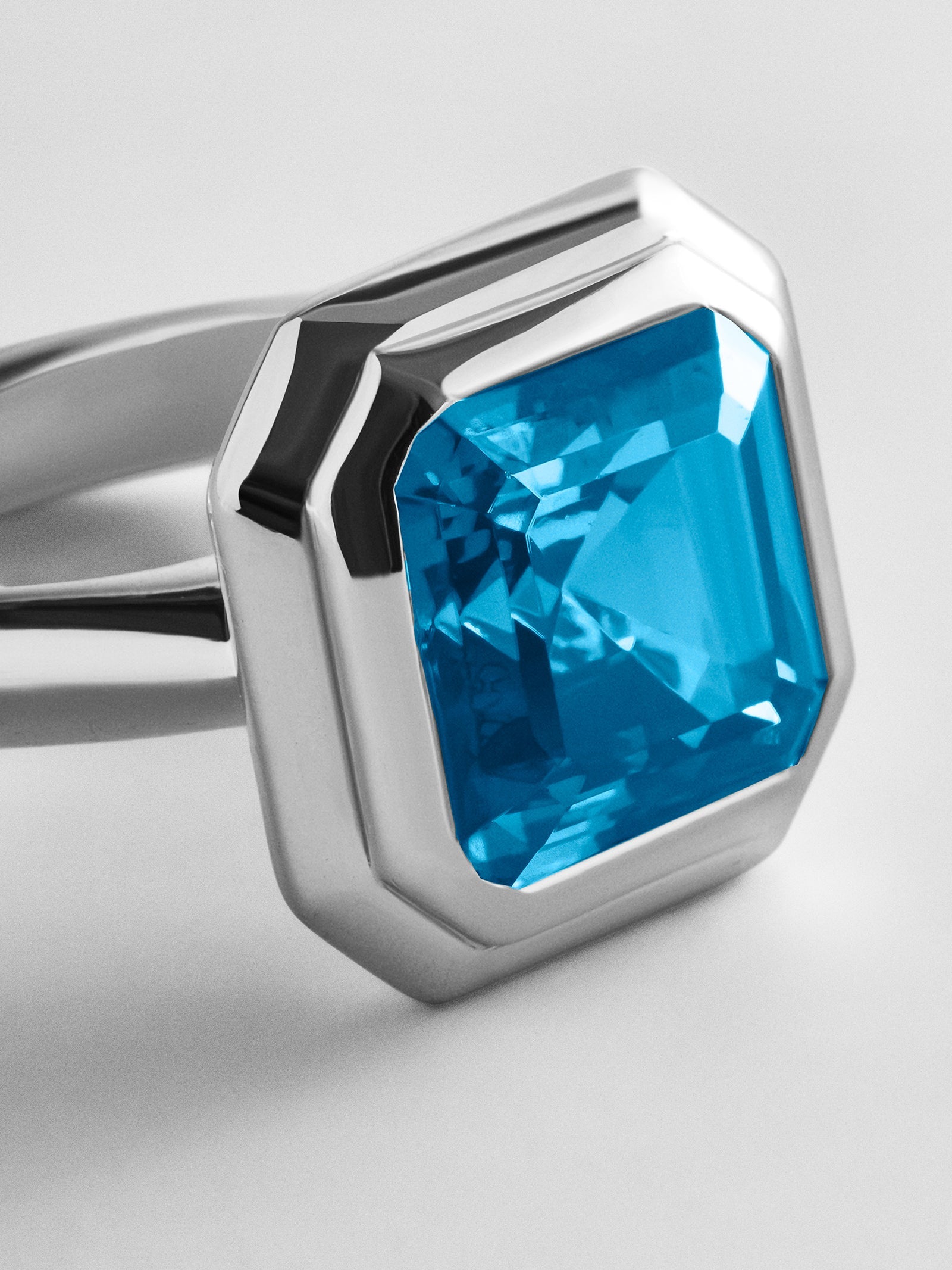 Silver Etched Bezel Custom Birthstone Ring - Blue Zircon