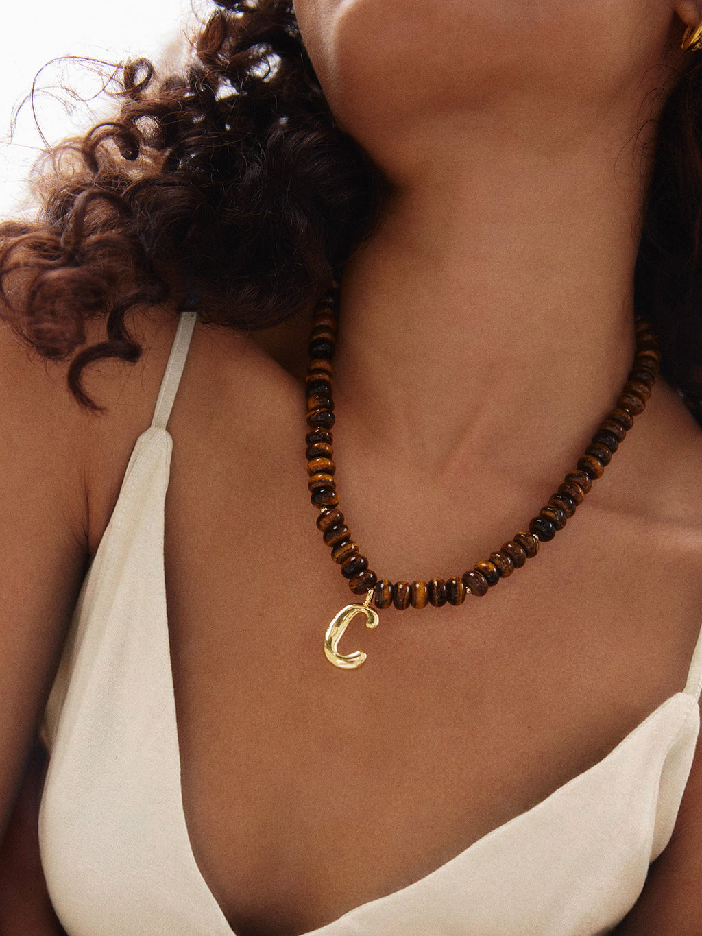 Semi-Precious Bubble Initial Necklace - Tiger's Eye