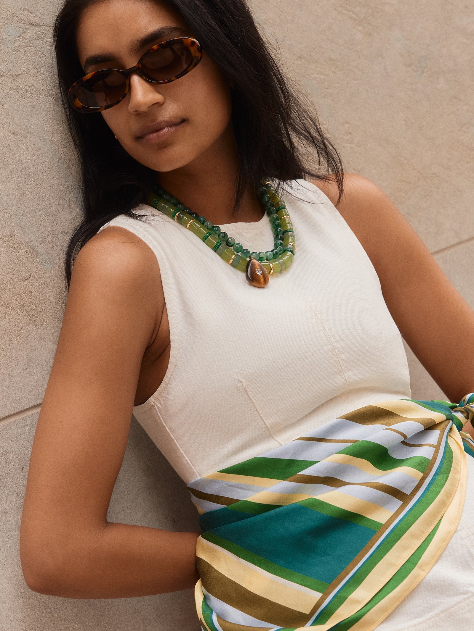 Jamie Semi-Precious Beaded Necklace - Green Jade/Tiger's Eye