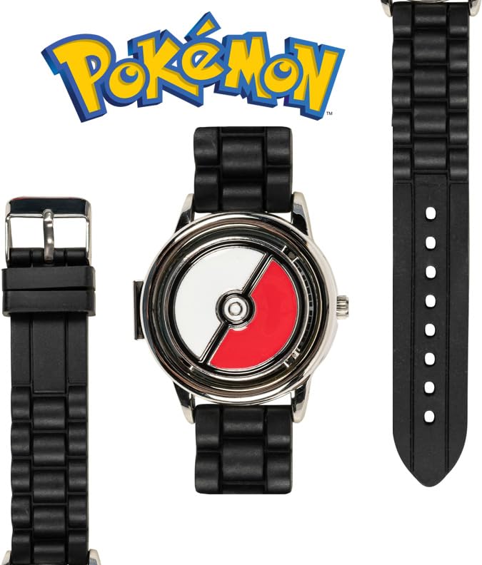 Pokémon Spinner Top Analog Watch for Kids – Features Iconic Poké Ball Spinner, Silver Metal Case, Comfortable Silicone Strap, and Pikachu Dial Art, Perfect for Pokémon Fans and Collectors