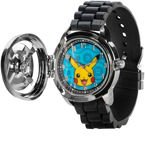 Pokémon Spinner Top Analog Watch for Kids – Features Iconic Poké Ball Spinner, Silver Metal Case, Comfortable Silicone Strap, and Pikachu Dial Art, Perfect for Pokémon Fans and Collectors
