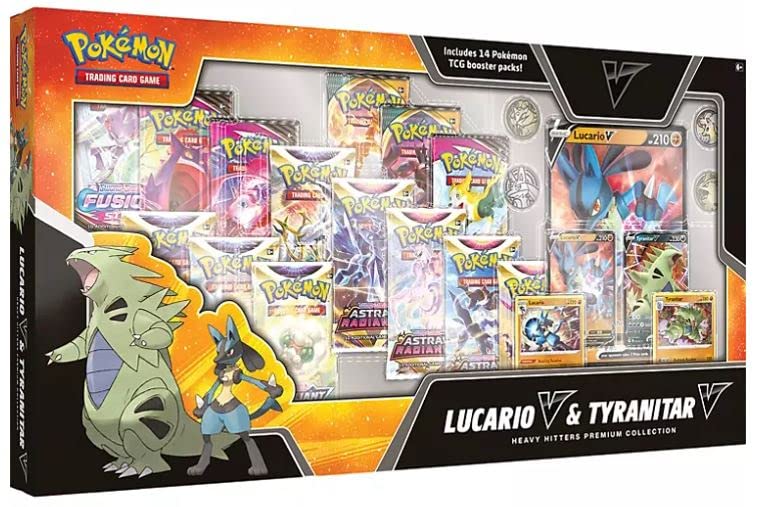 Pokemon TCG Heavy Hitters Premium Collection Lucario V & Tyranitar V Box w/ Sleeves - 14 Booster Packs (Heavy Hitters Premium Collection)
