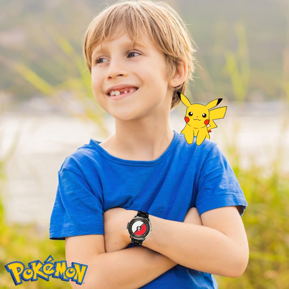 Pokémon Spinner Top Analog Watch for Kids – Features Iconic Poké Ball Spinner, Silver Metal Case, Comfortable Silicone Strap, and Pikachu Dial Art, Perfect for Pokémon Fans and Collectors