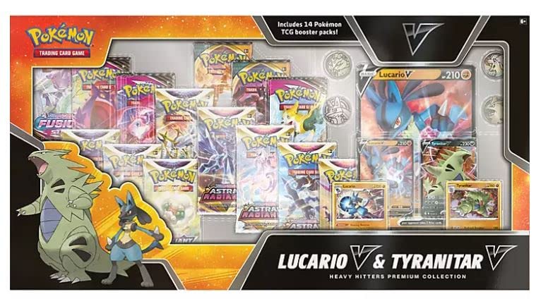 Pokemon TCG Heavy Hitters Premium Collection Lucario V & Tyranitar V Box w/ Sleeves - 14 Booster Packs (Heavy Hitters Premium Collection)