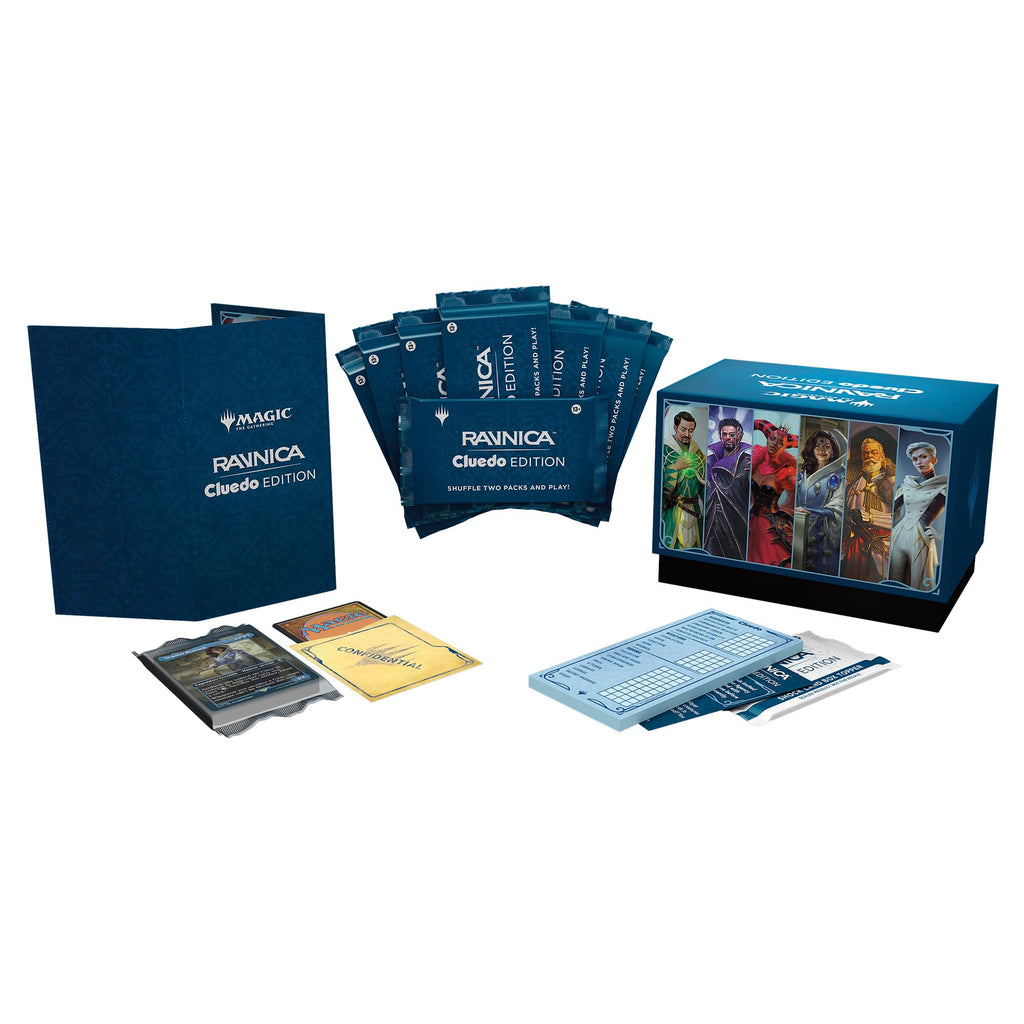 Magic: The Gathering Ravnica: Cluedo Edition - 3-4 player themed murder riddle card game (including 8 game-ready boosters, 21 proof cards, 1 Foil Shock Land Card and Detective Game Accessories)