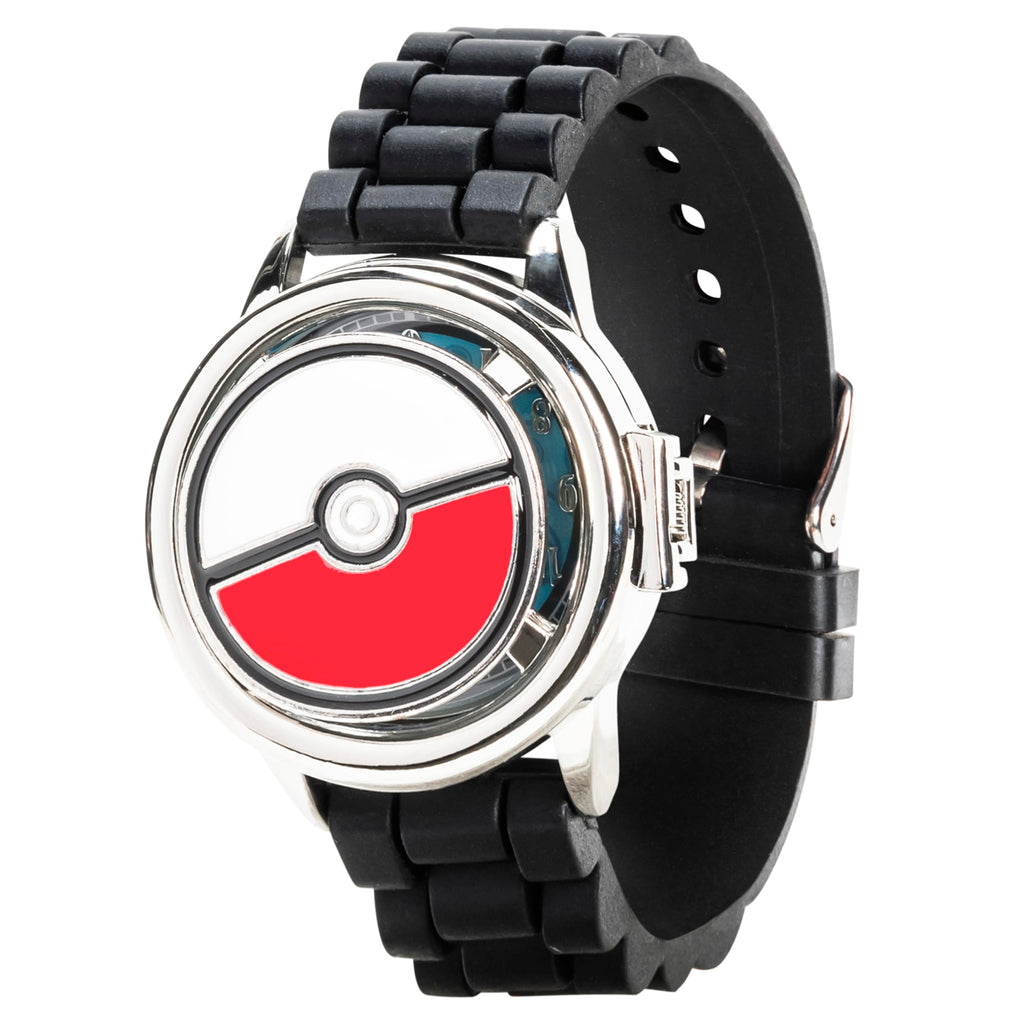 Pokémon Spinner Top Analog Watch for Kids – Features Iconic Poké Ball Spinner, Silver Metal Case, Comfortable Silicone Strap, and Pikachu Dial Art, Perfect for Pokémon Fans and Collectors
