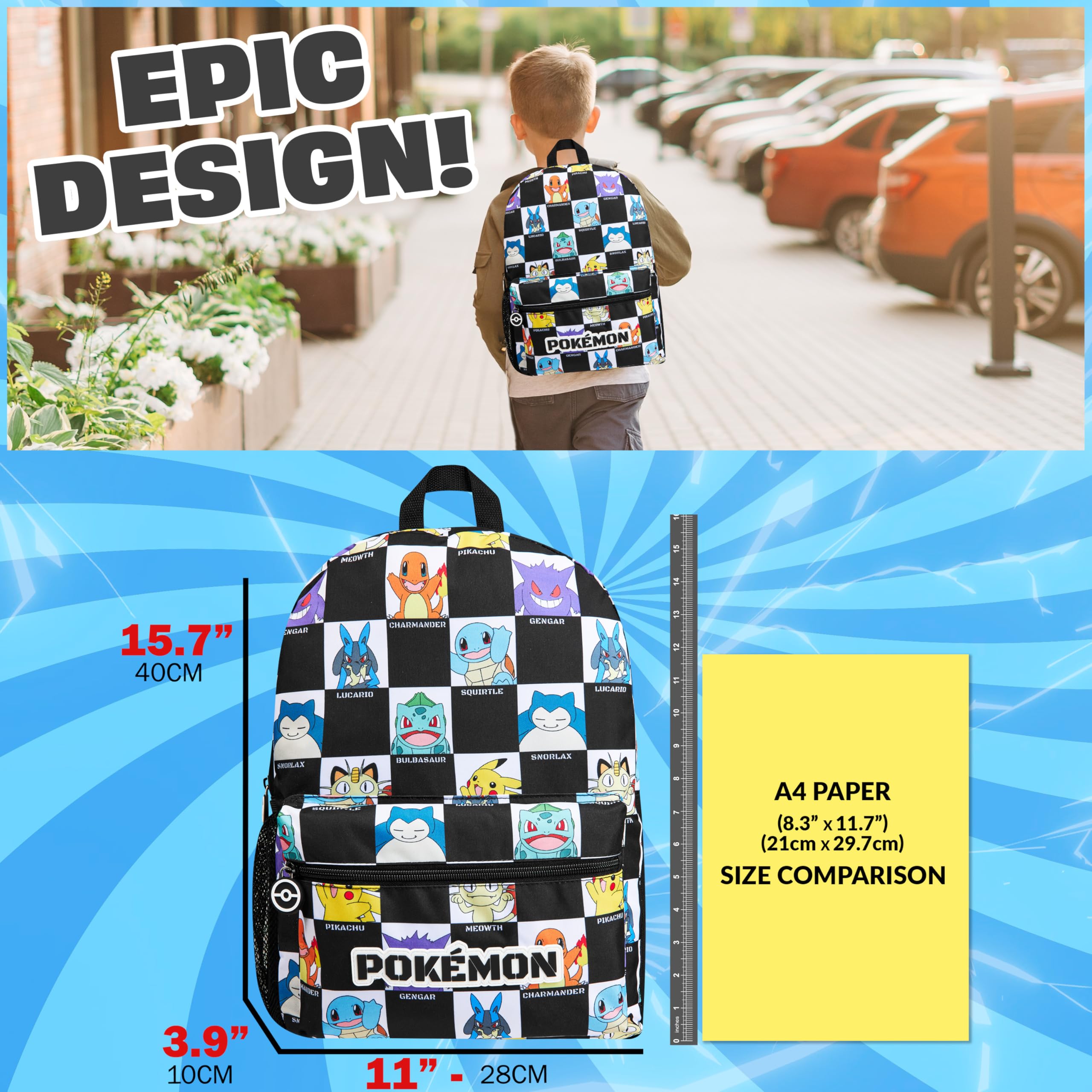 Pokemon Backpack for Kids Teens Pikachu Anime School Bag Daypack Backpacks for Daycare Sports School Supplies Gifts for Kids (Black/White)