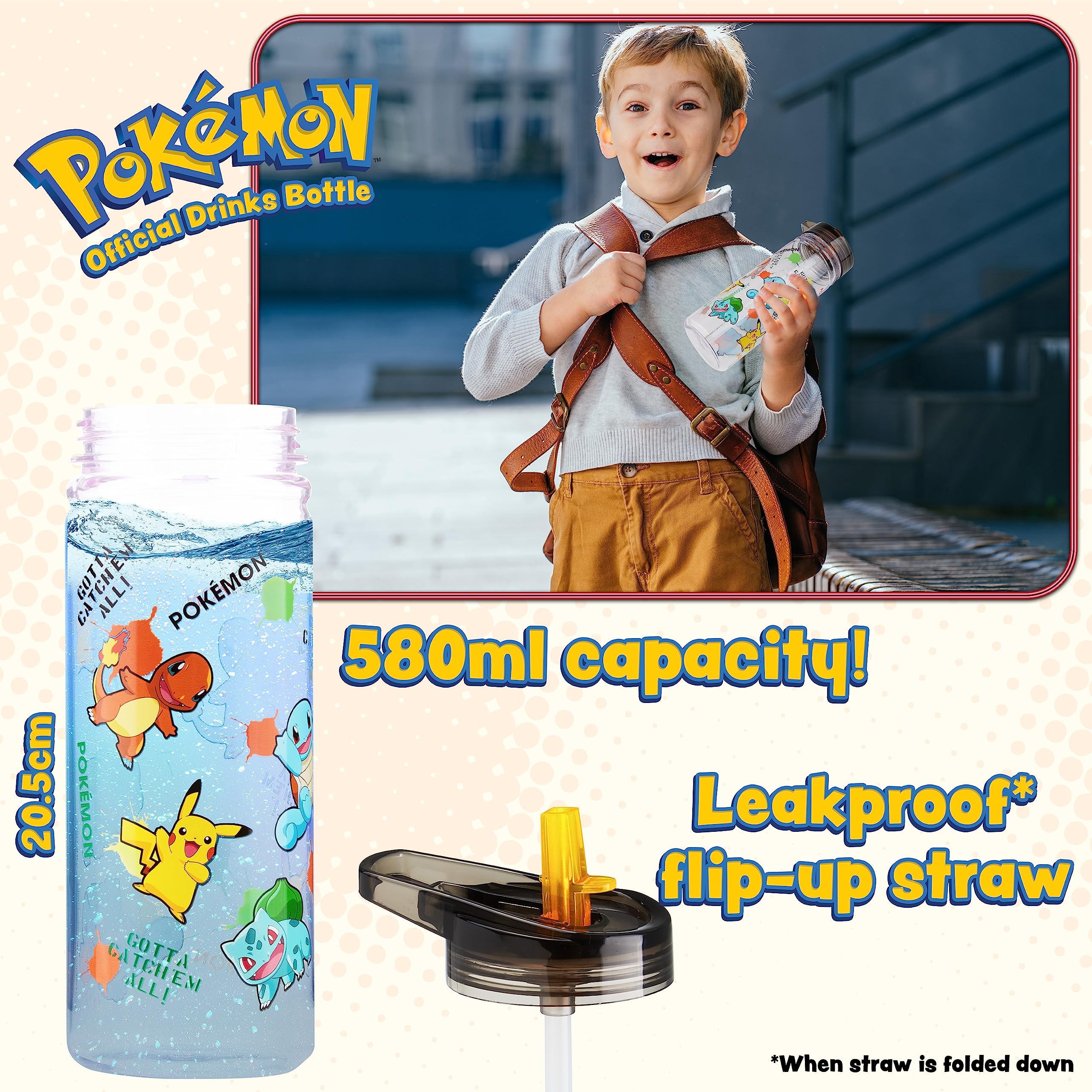 Pokemon Water Bottle for Kids with Straw, 19.6oz Plastic Reusable Drink Bottle