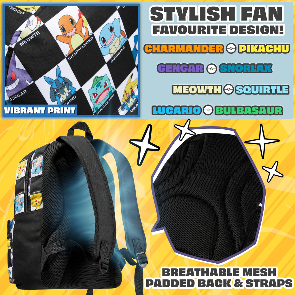 Pokemon Backpack for Kids Teens Pikachu Anime School Bag Daypack Backpacks for Daycare Sports School Supplies Gifts for Kids (Black/White)