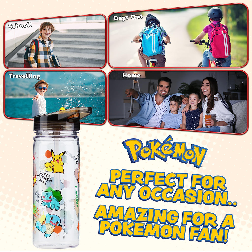 Pokemon Water Bottle for Kids with Straw, 19.6oz Plastic Reusable Drink Bottle