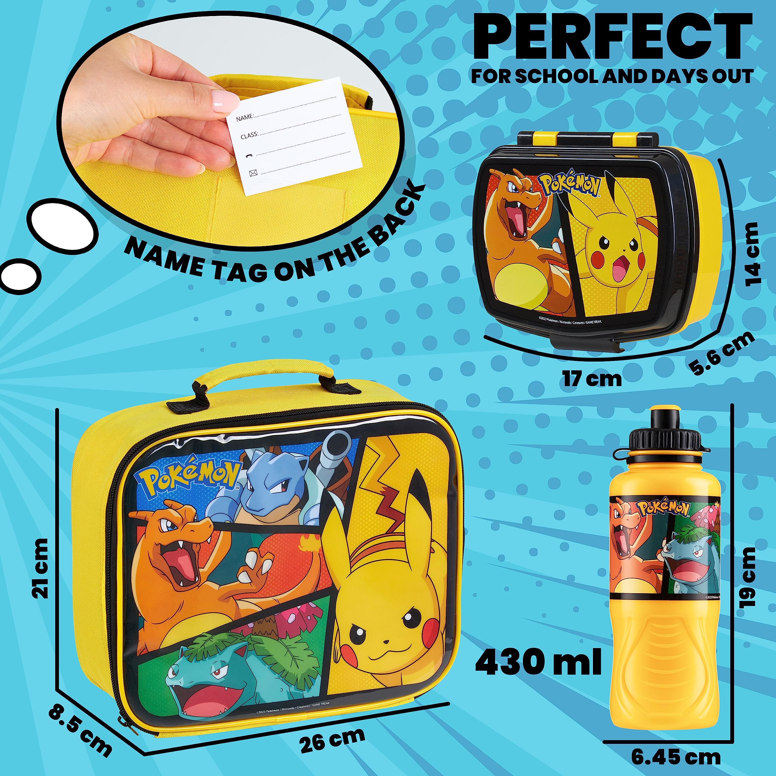 Pokemon Insulated Lunch Bag with Lunch Box Water Bottle Set for Kids 3 Piece School Snack Bag Pikachu Gifts for Kids (Yellow)